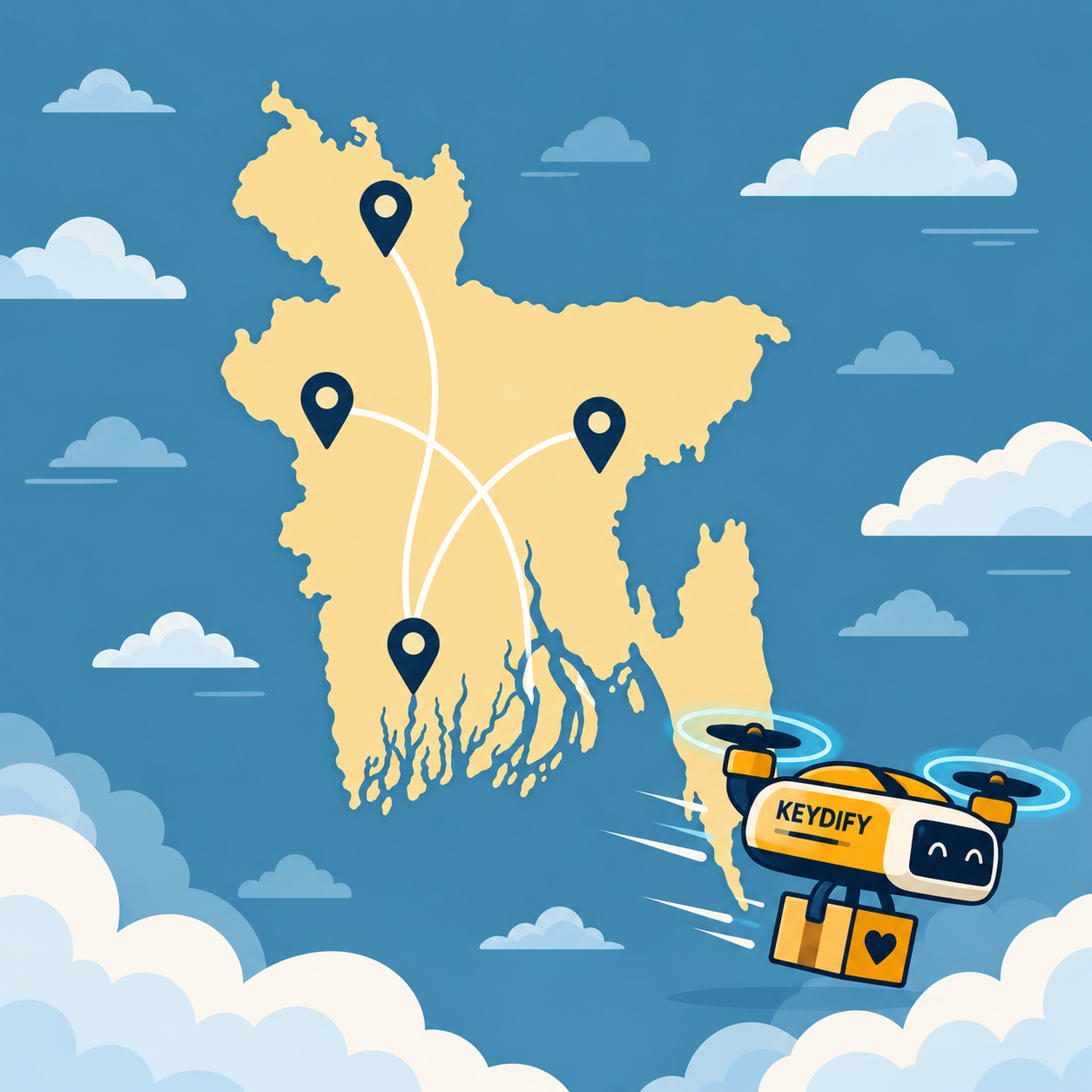 KeyDify delivery illustration showing Bangladesh and a parcel-carrying drone